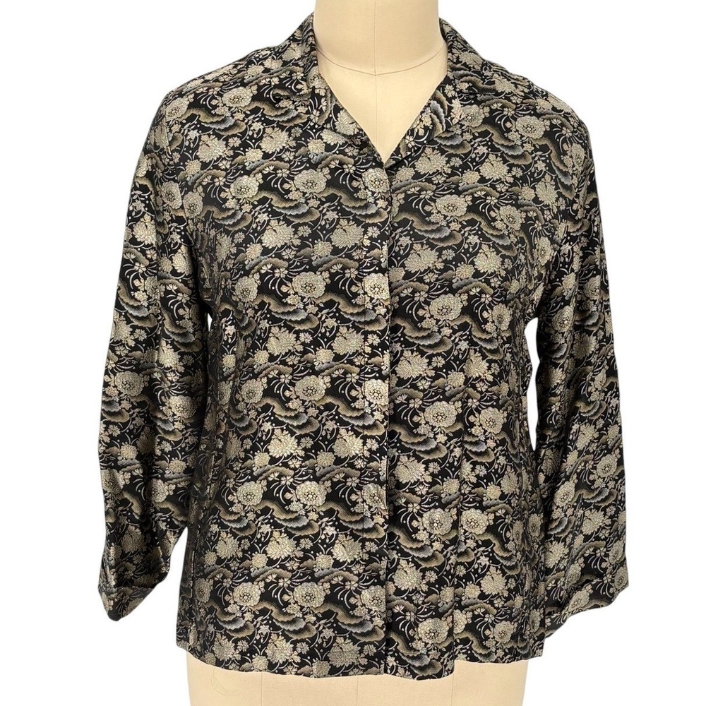 Chico's Blouse Black Gold Silver Floral Brocade Rayon Silk Blend Size 3‎